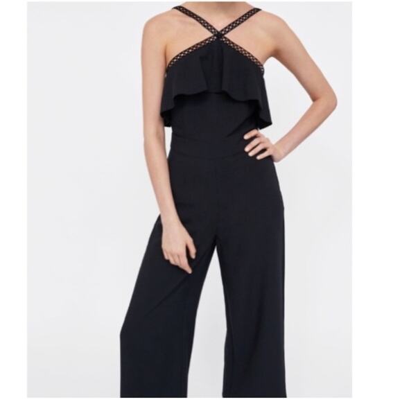 Zara Black Jumpsuit with Lace Straps Size Medium - Picture 1 of 8